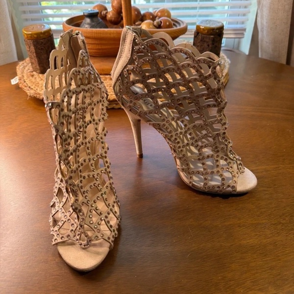 Women's Nude Laser-Cut Stiletto Sandals with Stud Detail